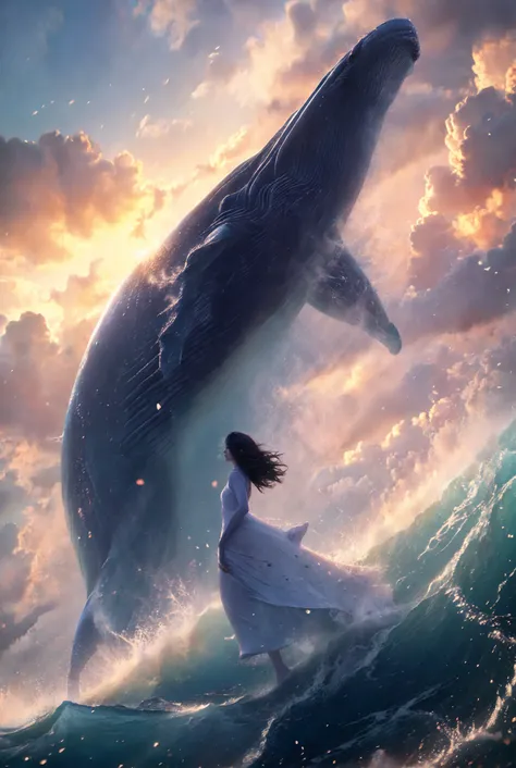 xuer Big whale, 1girl, cloud, sky, solo, outdoors, dress, water, ocean, long hair, waves, scenery, white dress, holding, day, cloudy sky, black hair, standing
<lora:~Q?-| xuer Big whale:0.8>