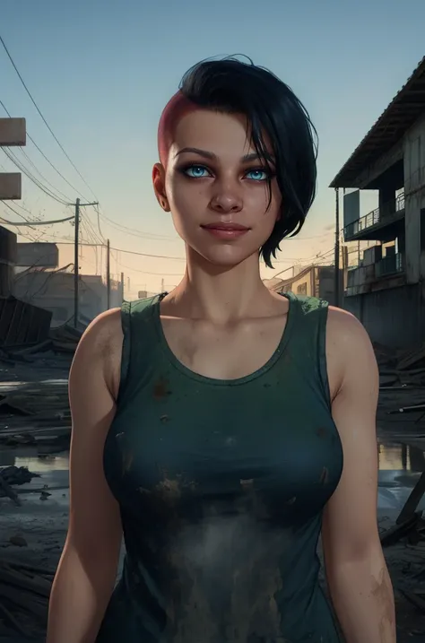 Nea,black hair,blue eyes,undercut,shaved head,very short hair,side hair,hair to side,
green tank top,dirty clothes,
standing,upper body,smile,
night,abandoned buildings,
(insanely detailed, masterpiece, best quality),<lora:NeaKarlsson:0.8>,