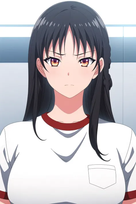 Simple White Background,
White shirt, short sleeves, 
<lora:Suzune_Horikita_YouZitsu-KK77-V1:0.7>,gym uniform, 
Orange eyes, Black hair,bangs,Long hair,hair ornament, 
<lora:Oda_Non_Style-KK77-V2:0.3>,<lora:more_details:0.1>,
1 girl, 20yo,Young female,Beau...