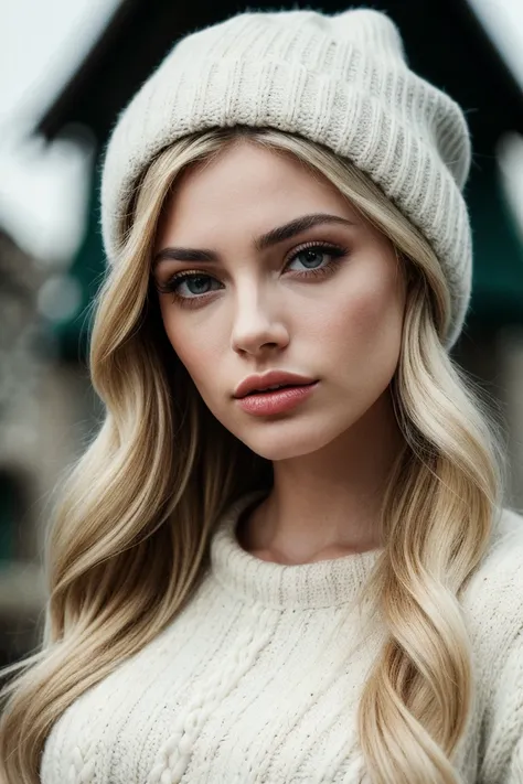 photo of (summrstr0m-135:0.99), a beautiful woman, perfect blonde hair, (modern photo, Amaranth Fair Isle knit hat), closeup portrait, 85mm, (analog, cinematic, film grain:1.3), (medieval village:1.2), detailed eyes, (seductive pose), (epicPhoto), (looking...