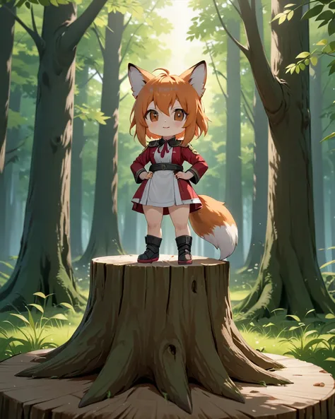 masterpiece, best quality, chibi anime fox, standing on a tree stump, in a forest, intricately detailed, keyframe, professionally drawn