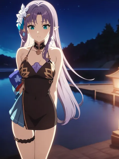 dsamid, purple hair, long hair, aqua eyes, pointy ears, hair ornament, hair flower, short dress, bare shoulders, thigh strap, 1girl, solo
BREAK
arms behind back, lake, scenic, night sky, depth of field, cinematic, game cg, anime screencap, official art, ma...