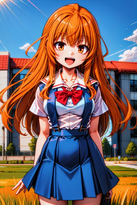 1girl, cowboy shot, school uniform, field, smile, open mouth, 
chihiro-chan, orange eyes, orange hair, long hair, school uniform, bowtie, white shirt, blue skirt, suspender skirt, <lora:chihiro-chan_lora_ver1:0.7>, best quality, masterpiece, highres, <lora...