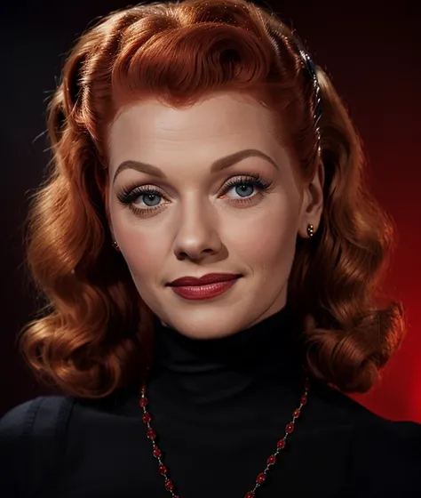 l3c0b3o, Ultra-HD-details, Black background, smile, detailed eyes, 50s dress, cotton hair, 40s makeup, 50s style, Necklace, jewelry, ((Turtleneck red)), intricate 