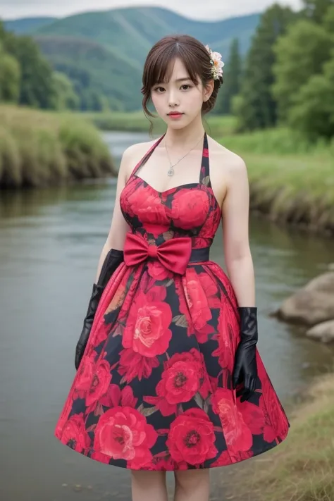 1woman, realistic, masterpiece, full body shot, scenic view
waist bow dress, elbow gloves, halter dress, floral print
<lora:halt...