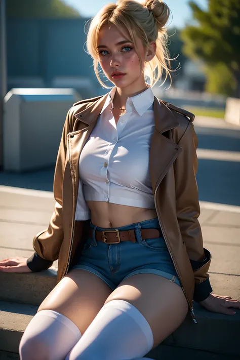 i want the whole image to be created in 3D anime style, 1girl, solo, breasts, looking at viewer, blush, short hair, blue eyes, blonde hair, shirt, thighhighs, long sleeves, navel, medium breasts, sitting, closed mouth, jacket, white shirt, thighs, boots, o...