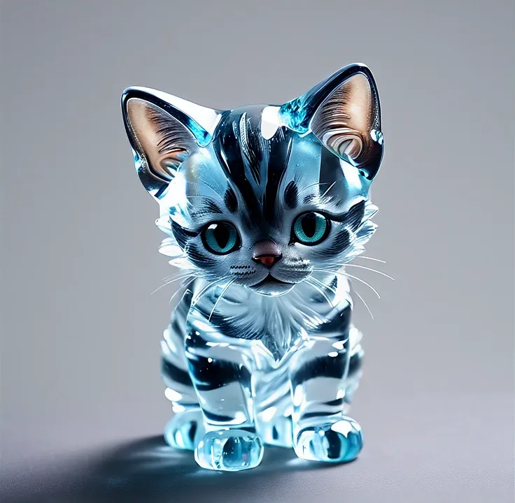 (cat:1),  <lora:Jussi_the_neural_cat-000001:1.2>  delicate and transparent crystal glass sculpture very sad striped kitten, ultra high quality, dramatic lighting, HDR, photorealistic, florescent light