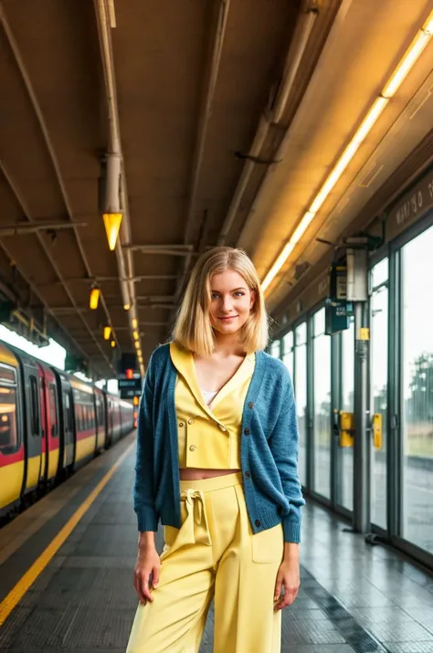 selfie of a beautiful woman, cardigan and yellow culottes, empty train station,HDR Foto, epic character composition,by ilya kuvshinov, alessio albi, nina masic,sharp focus, subsurface scattering, f2, 35mm, film grain, blonde, sexy smile <lora:Cayeklein:1>