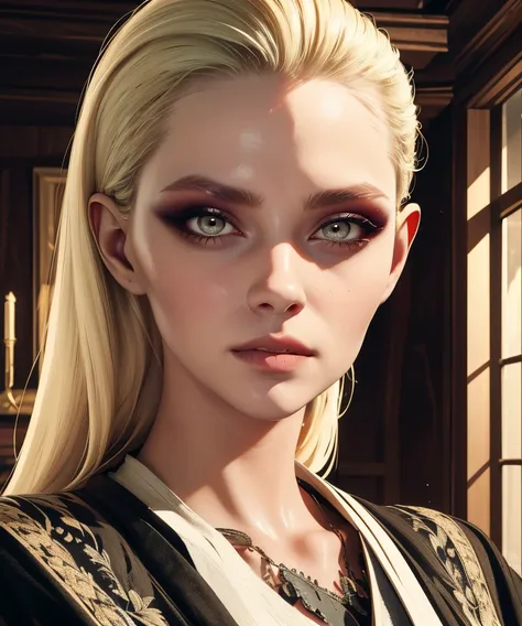 maranda,blonde hair,hair slicked back, white eyes, 
black robes,close up,serious,
indoors,night,
(insanely detailed, masterpiece, best quality),<lora:mothermaranda:0.8>,