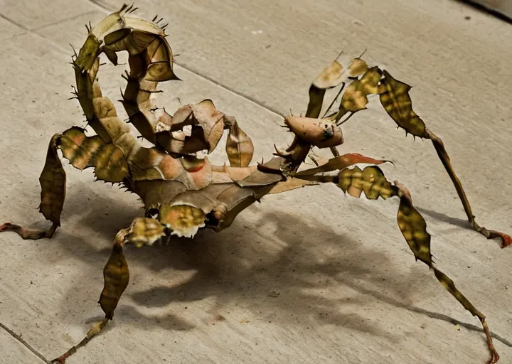 spinyleafinsect, full body, solo, ((attacking the city)), head, eye, curly tail, oversaturation of colour,  <lora:Spiny_Leaf_Insect:1>