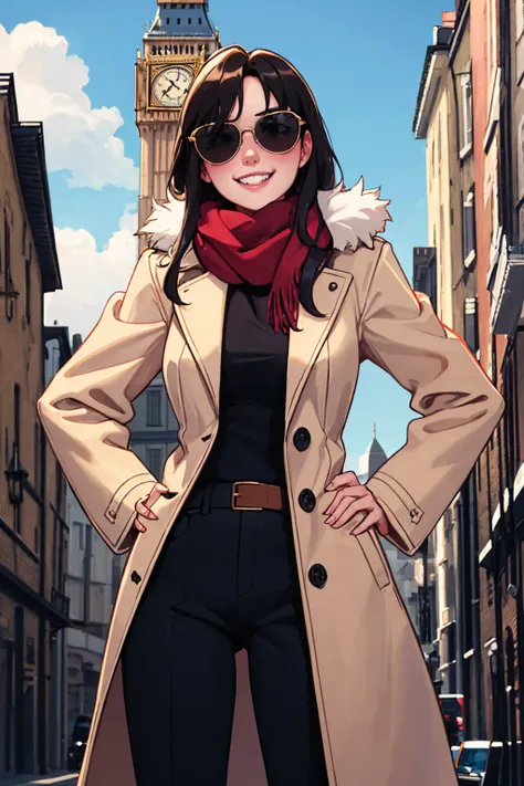 (masterpiece, best quality:1.2), big ben, london, solo, 1girl, grin, looking at viewer, hands on hips, long hair, sunglasses, fur-trimmed coat, pants, scarf