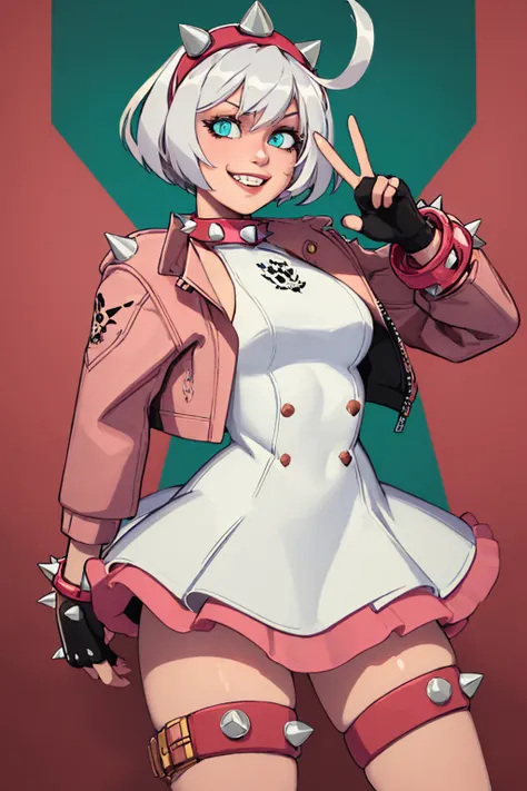 (masterpiece, best quality:1.2), solo, 1girl, striveelphelt, grin, looking at viewer, peace sign, ahoge, hairband, jacket, dress, fingerless gloves, thighhighs, spiked collar, spiked bracelet <lora:guiltygear_strive_elphelt_v11-10:1>