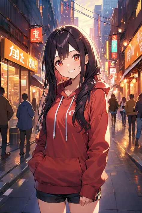 1girl, solo, cowboy shot, long hair, downtown, hooded sweatshirt, smile