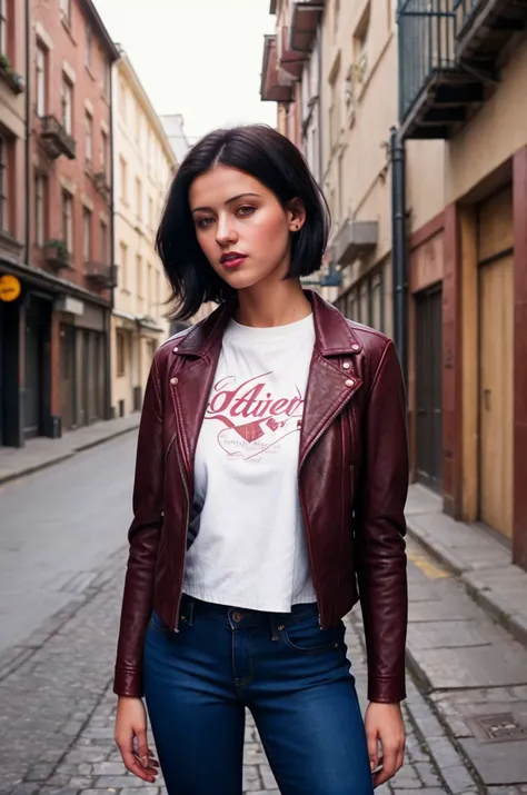 A stunning intricate full color portrait of a beautiful woman, leather jacket and maroon jeans, quiet backstreet,portait, epic character composition,by ilya kuvshinov, alessio albi, nina masic,sharp focus, subsurface scattering, f2, 35mm, film grain<lora:m...