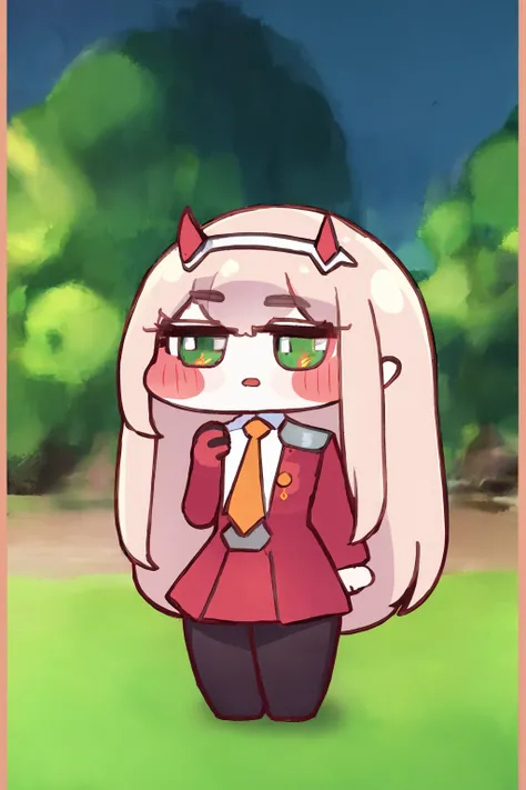 masterpiece, best quality,  <lora:zerotwo:1>,
<lora:Trickcal Revive2_0.99:1>,chibi,
zero two (darling in the franxx), 1girl,horns,whtie hairband,long hair,pink hair,green eyes,,orange necktie, military uniform,red dress,black pantyhose,