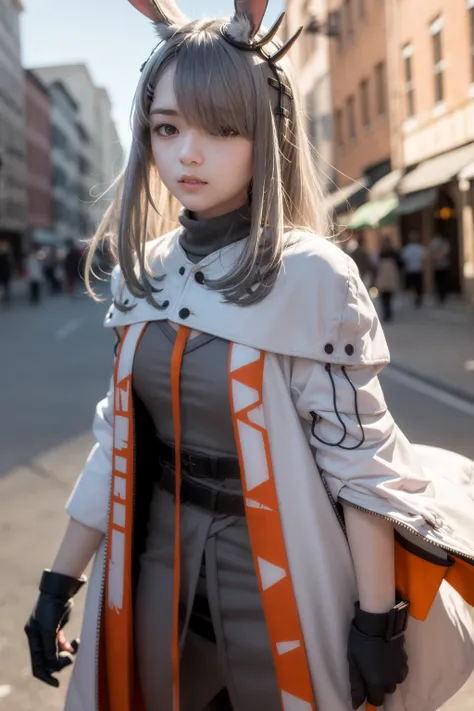 masterpiece, best quality,   <lora:frostnova:1>,
1girl,rabbit ears,hair ornament,hair clip,(grey hair:1.4), long hair,grey eyes, hair over one eye,(scar on nose:1.2),white coat,open clothes,grey dress,belt,black gloves,arm band,long sleeves,