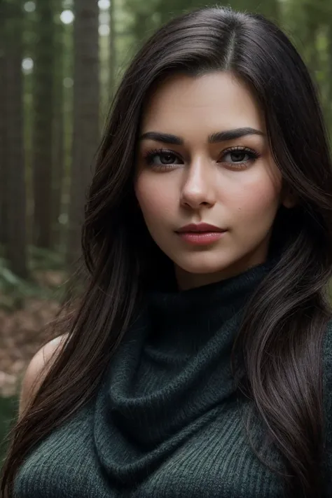 portrait of S052_HelgaLovekaty_v2,a gorgeous woman,in a (forest:1.1),wearing a (cowlneck-sweater:1.1),(4k, RAW photo, best quality, depth of field, ultra high res:1.1),(absurdres, intricate, photorealistic, masterpiece, ultra-detailed:1.1),