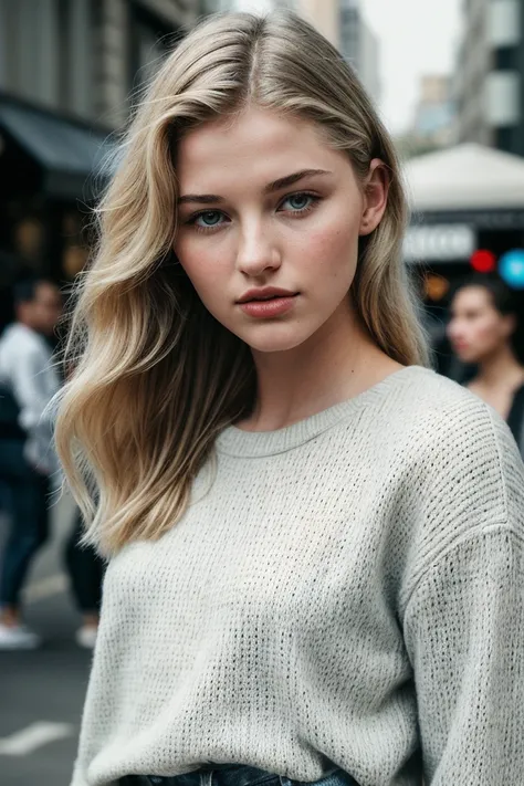 photo of (s4r4hgrey-135:0.99), a beautiful woman, perfect hair, (modern photo, Linen Sweater, Jeans), closeup portrait, 85mm, (analog, cinematic, film grain:1.3), (A bustling, vibrant Sydney street during a surf competition:1.2), detailed eyes, (seductive ...