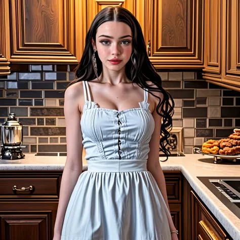 tv_Lydia_Wilson_aka_Lydia_Violet_TT_V1, , standing in a kitchen, pin-up pose, wearing a dress, wearing a white apron, ((Photo Focus, DOF, Aperture, insanely detailed and intricate, character, hypermaximalist, elegant, ornate, beautiful, exotic,  appealing,...