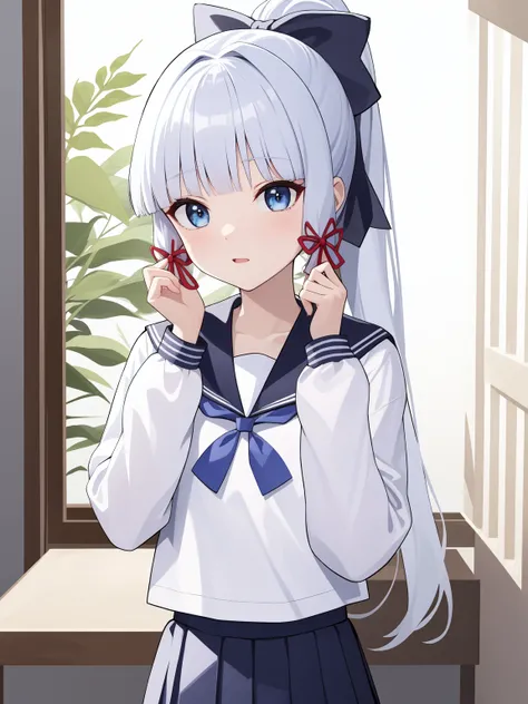 <lora:ç¥éåè¶-000011:0.8>,kamisato ayaka (heytea),kamisato ayaka,school uniform,long hair,ponytail,bangs,serafuku,blue eyes,sailor collar,ribbon,shirt,white shirt,hair ribbon,skirt,long sleeves,blunt bangs,pleated skirt,blue skirt,bow,hair bow,white h...