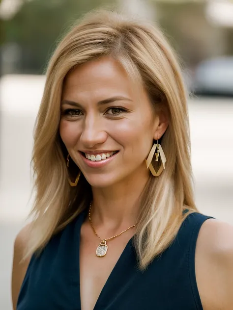 Realistic photo of a beautiful d3bb13g woman,1girl,solo,long hair,looking at viewer,smile,blonde hair,brown eyes,jewelry,earrings,teeth,grin,lips,portrait,realistic, soft lighting, professional Photography, Photorealistic, detailed, RAW, analog, sharp focu...