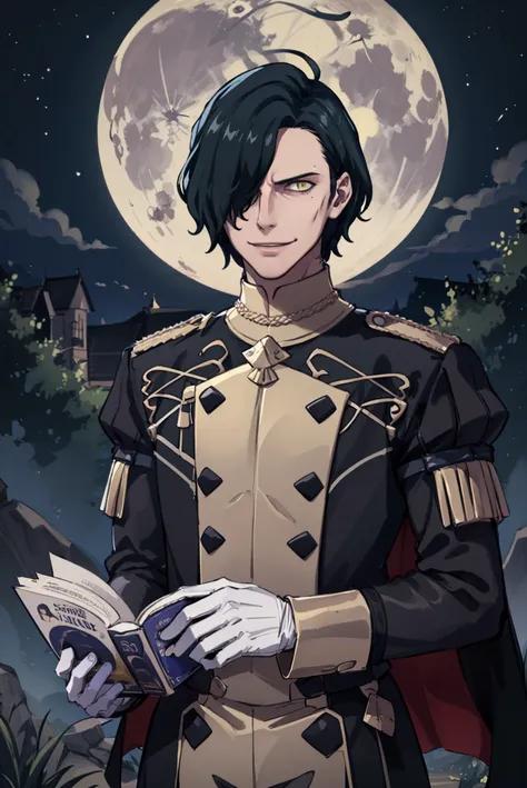 masterpiece, highest quality, outdoors, tree, cloud, full moon, night sky, 1boy, solo, upper body, standing, looking at viewer, evil smile, menacing, <lora:HubertFE3H:0.8> defHubert, white gloves, hair over one eye, long sleeves, garreg mach monastery unif...