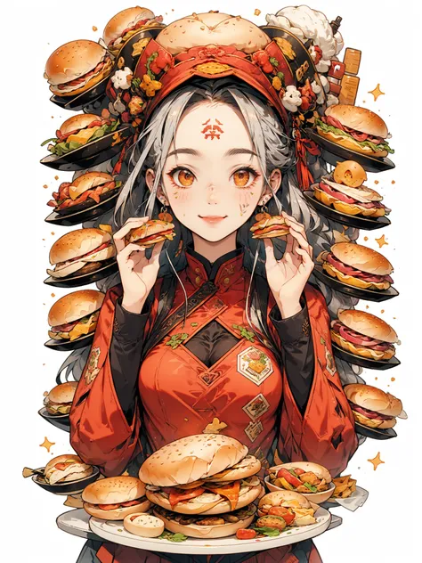 HEZI, 1girl, food, solo, holding, eating, plate, looking at viewer, blush, jewelry, long hair, chinese clothes, grey hair, holding food, earrings, upper body, smile, long sleeves, dumpling, red eyes, meat, braid, breasts, orange eyes, food on face, burger,...