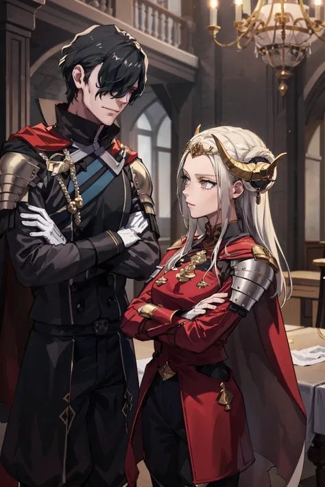 masterpiece, highest quality, indoors, castle, regal decorations, dark, sinister, 1boy, 1girl, edelgard von hresvelg, horns, standing, arms crossed, hand on chin, <lora:HubertFE3H:0.8> warHubert, cape, armor, short hair, hair over one eye, white gloves, lo...