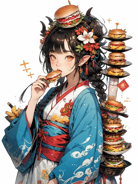 HEZI, burger, food, 1girl, japanese clothes, kimono, black hair, braid, long hair, holding, solo, upper body, hair ornament, holding food, looking at viewer, bangs, long sleeves, blush, horns, sash, eating, flower, wide sleeves, blue kimono, obi, french fr...