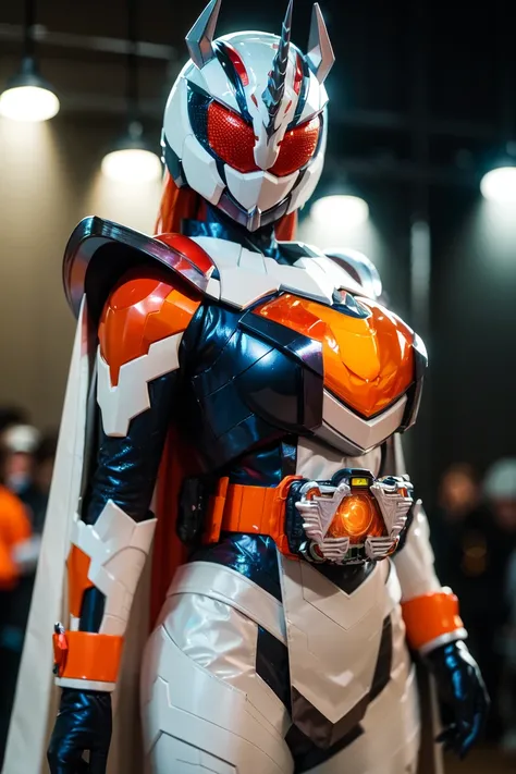 majade, solo, 1girl, cropped, upper body,cowboy shot,mature female, perfect female body,large breasts, gloves, female focus,skin tight bodysuit, covered navel,helmet,glowing eyes, orange eyes,orange hair,tokusatsu, kamen rider,rider belt,horns, armor, unic...