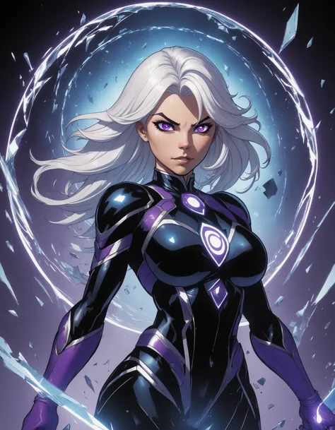 1girl, (hoyoverse), (genshin impact), art by Ed Benes and Joe Madureira, colorful, hyper detail, dramatic light, intricate details, (1girl, solo, white hair, sharp face, purple eyes, hair between eyes, dynamic angle), blood splatter, swirling black light a...