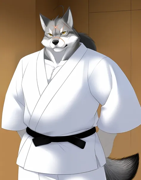 (((detailed eyes, detailed face))), (furry, ten kodori <lora:character_ten_kodori_findigo_v1:0.9>, two-tone fur, long hair, ahoge, wolf boy, snout, scar on face), male, (solo), (plump), (white dougi, martial arts belt, white pants), standing, (arms behind ...