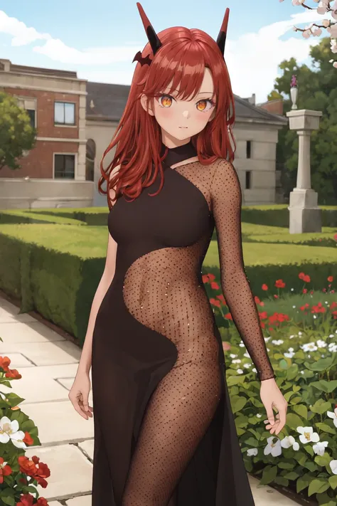 masterpiece,best quality,highres,ultra-detailed,(facing_viewer:1.1),cowboy_shot,solo,1girl,small_breasts,straight_long_hair,standing,outdoors,garden,cherry blossom trees,black dress,pantyhose,see-through,<lora:side_see_through_dress:1>,tania, dragon girl, ...