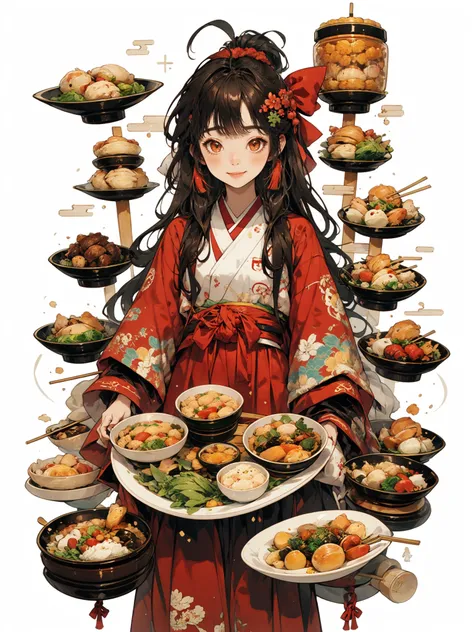 HEZI, 1girl, solo, food, long hair, bangs, long sleeves, bow, looking at viewer, red bow, hair bow, japanese clothes, chopsticks, hair ornament, dumpling, red eyes, brown hair, wide sleeves, flower, layered sleeves, blush, holding, closed mouth, hair flowe...