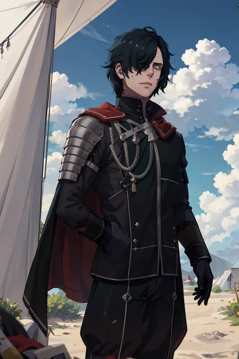 masterpiece, highly detailed, sky, cloud, tent, dirt path, 1boy, <lora:HubertFE3H:0.8> hopesHubert, armor, gloves, cape, shaggy hair, hair over one eye