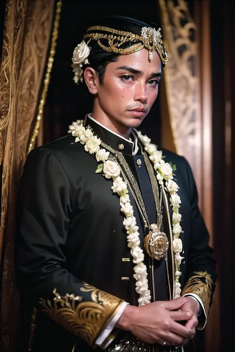 a man,  solo,  photography,  portrait of a young  man wedding black dress java,  ornament,  ornate,  detail,  realistic,  black background wearing blangkon , Indonesian, blangkon,<lora:EMS-271169-EMS:1.000000>