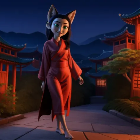 <lora:foxtale_foxgirl:0.5>
foxtale_foxgirl, masterpiece, solo, 1girl, female, 3d, (human:1.3), black hair, long hair, asian, green eyes,
clothed, long kimono, pants, chinese village, night time, walking, fox ears, fox tail, looking at viewer