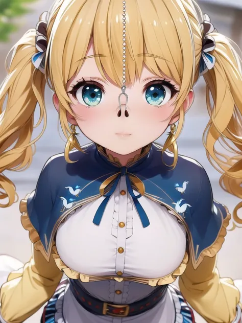 (best quality, Ultradetailed:1.2)frieren, 1girl, long hair, twintails, jewelry, earrings, capelet, long sleeves,  dress, belt <lora:nosehookv6:0.8>beautiful face,super fine face,ultra beautiful face,hires face,hut,yellow hair,blue eye,(birds eye view shot:...