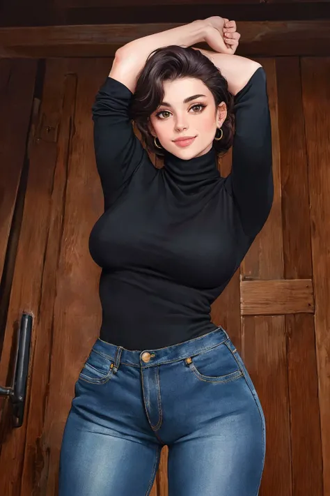 ((Masterpiece, best quality,edgQuality,photorealistic, hyper realistic)),standing,posing for a picture smiling,(arms behind head)
edgtb_woman,edgtb_face,edgtb_body, big boobs,
(turtleneck,jeans,edgASA1) <lora:edgTomboyDollLikenessv1:1>