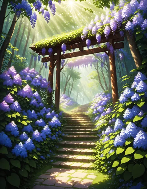 Wallpaper Fusion, dappled sunlight, day, flower, hydrangea, leaf, light rays, nature, no humans, outdoors, path, plant, purple flower, scenery, stairs, sunlight, torii, tree, wisteria,, cinematic angle, foreshortening, masterpiece, best quality, <lora:Wall...