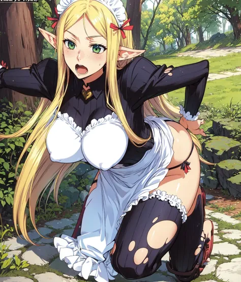 Anime screencap, masterpiece, best quality, detailed face, detailed eyes, 1girl, solo, ((full body)), torn clothes, open mouth, blonde hair, long hair, big breasts, green eyes, long ears, maid costume, maid headress, forest, outdoors,   <lora:Vante:0.9>