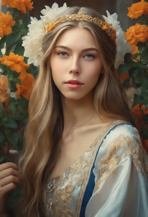 ds ultra detailed beautiful portrait painting of krystal_boyd in renaissance dress, by artgerm and wlop, hyperdetailed photorealism face, with flowers background, octane render, unreal engine 5, highly rendered, extreme detail, intricate, masterpiece, smoo...