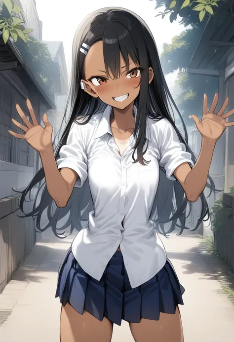 1girl, solo, 
nagatoro_hayase, brown eyes, black hair, long hair, dark skin, dark-skinned female, tan, tanlines, hairclip, school uniform, white shirt, collared shirt, pleated skirt,<lora:nagatoro_hayase_sdxl_ver1:0.7>
cowboy shot, outdoors, grin, fighting...