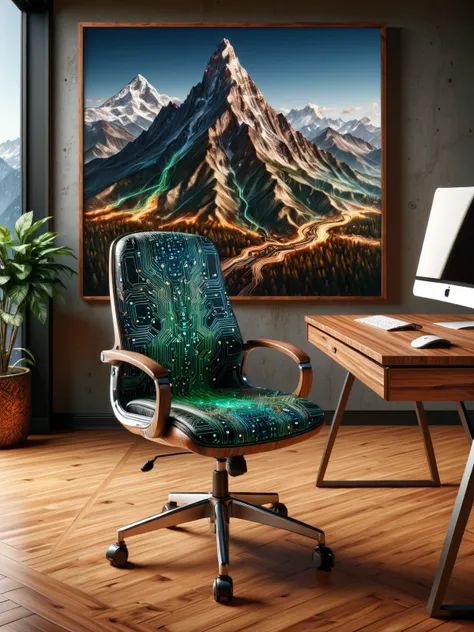 mad-circuit office chair and wooden desk in an expensive office, photograph of a mountain on the wall <lora:Colorful_Circuit_SDXL:1>, (masterpiece:1.2), best quality, (hyperdetailed, highest detailed:1.2), high resolution textures