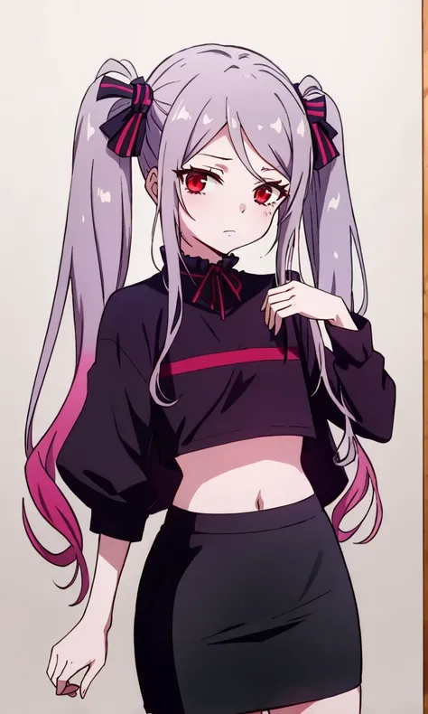 shalltear bloodfallen, (alternate costume:1.2), miniskirt, pencil skirt, revealing clothes, two-tone dress, crop top, 1girl, masterpiece, best quality, twintails, flat chest, <lora:Shalltearnew:1>, closed mouth