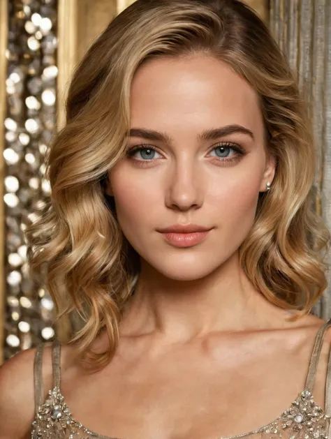 Create an ultra-realistic image of a beautiful, fictional actress. blonde, scar on lip, uncommon beauty. (upper body) She should have a natural and elegant appearance, with distinct facial features that convey a sense of grace and poise. Her expression sho...