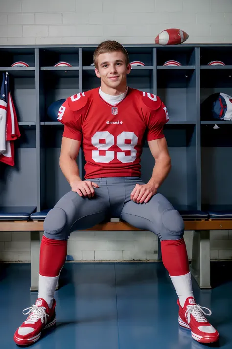 in an American football locker room, (sitting on a bench), legs spread open, DaneDekota, American football player wearing American football uniform, American football shoulder pads, (((red  jersey))), jersey number 88, (((gray football pants and pads))), (...