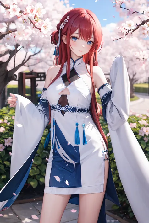 masterpiece,best quality,highres,ultra-detailed,cowboy shot,solo,1girl,medium_breasts,long hair,red hair,standing,outdoors,garden,cherry blossom,trees,chinese clothes,bare shoulders,detached sleeves,sleeves past wrists,