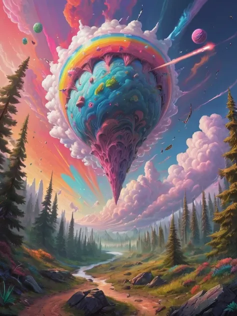 otclillsn, drawing, a strange impossible descending planet tilted 454.78 degree upside down, baffling optical illusion, disorienting angle, a fluffy unicorn is puking rainbow cotton, rocky fantasy forest, composition, low-saturation, <lora:- SDXL - otclill...