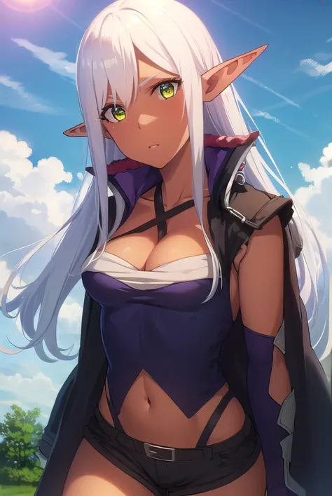 yaohaducy, <lora:yao ha ducy s1s2-lora-nochekaiser:1>,
yao ha ducy, long hair, white hair, pointy ears, dark skin, dark-skinned female, elf, dark elf, (yellow eyes:1.3),
BREAK thighhighs, shorts, cape, bandages, cleavage,
BREAK outdoors, forest, nature, gr...